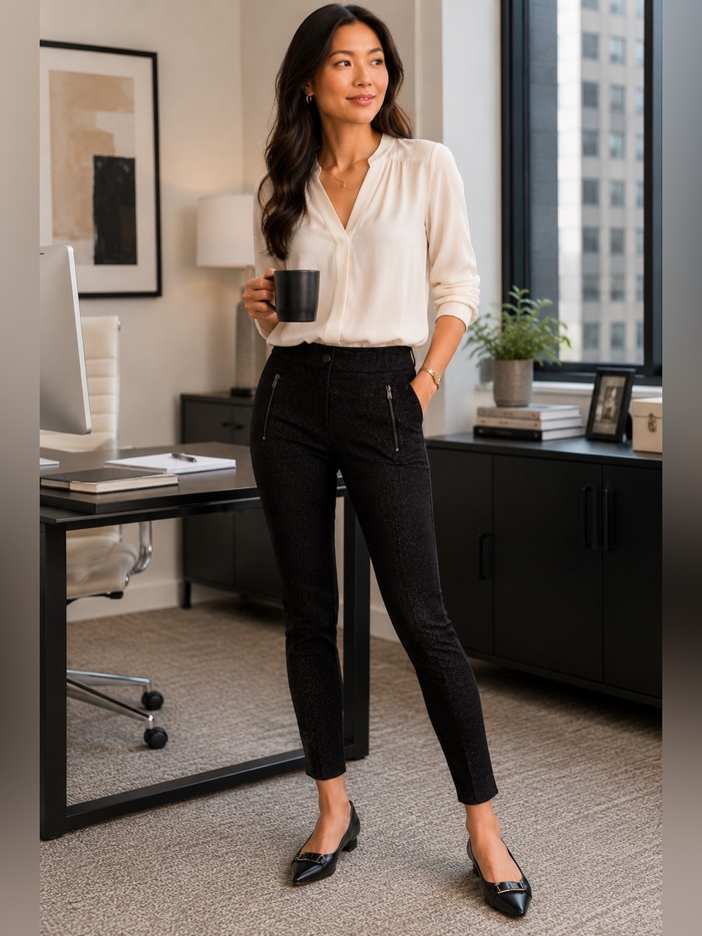 LOFT Black Textured Skinny Ankle Pants Zip Pockets XS